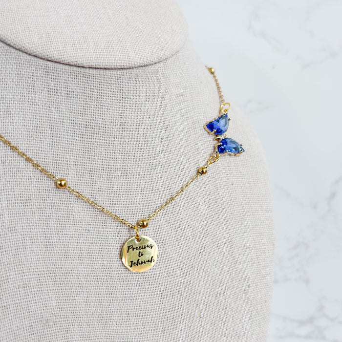 You are Precious To Jehovah Gold Blue Butterfly Necklace