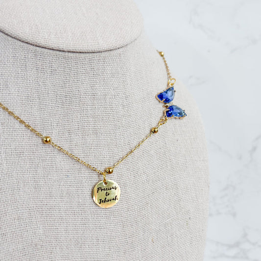You are Precious To Jehovah Gold Blue Butterfly Necklace