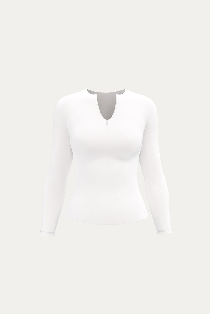 Zip-Up Long Sleeve T-Shirt- White